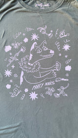 An illustration of Snoopy the dog as a burlesque performer getting ready back stage printed on a t-shirt